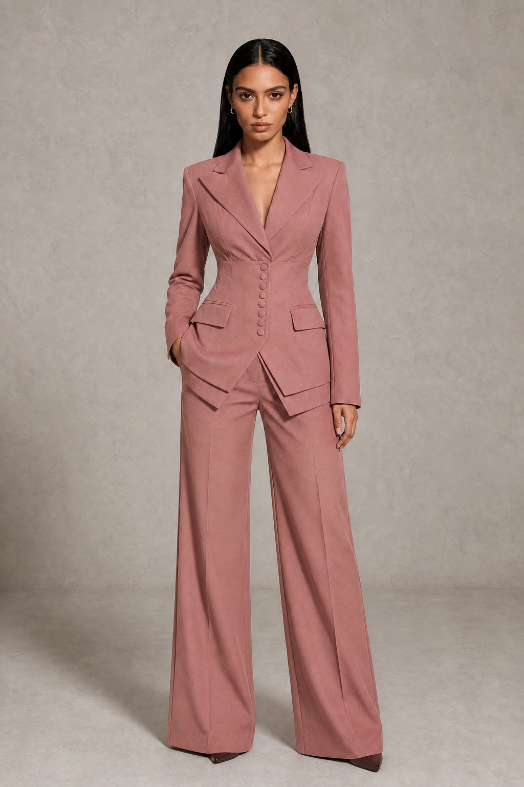 BOLODOO Dusty Rose Cinched Waist Blazer and Wide Leg Pants Two Piece Suit Set - Dusty Rose