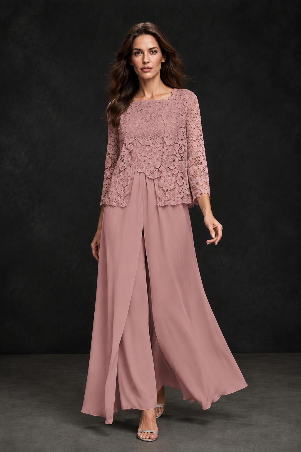 BOLODOO Dusty Rose Grey Lace Peplum Top & Wide-Leg Chiffon Pants Set | Mother of the Bride & Formal Evening Outfit - Dusty Rose