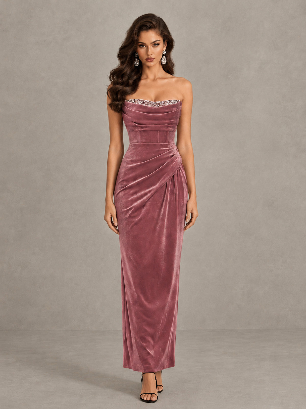 BOLODOO Dusty Rose Strapless Velvet Cocktail Maxi Dress - Dusty Rose - Dusty Rose_1