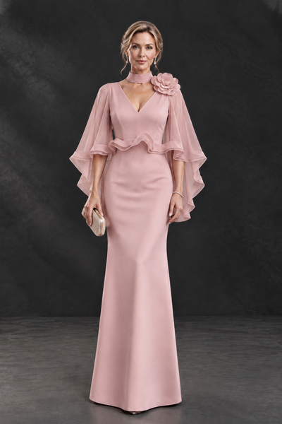 BOLODOO Dusty Rose Floral Cape Sleeve Mother of the Bride Dress - Dusty Rose - Dusty_Rose_1