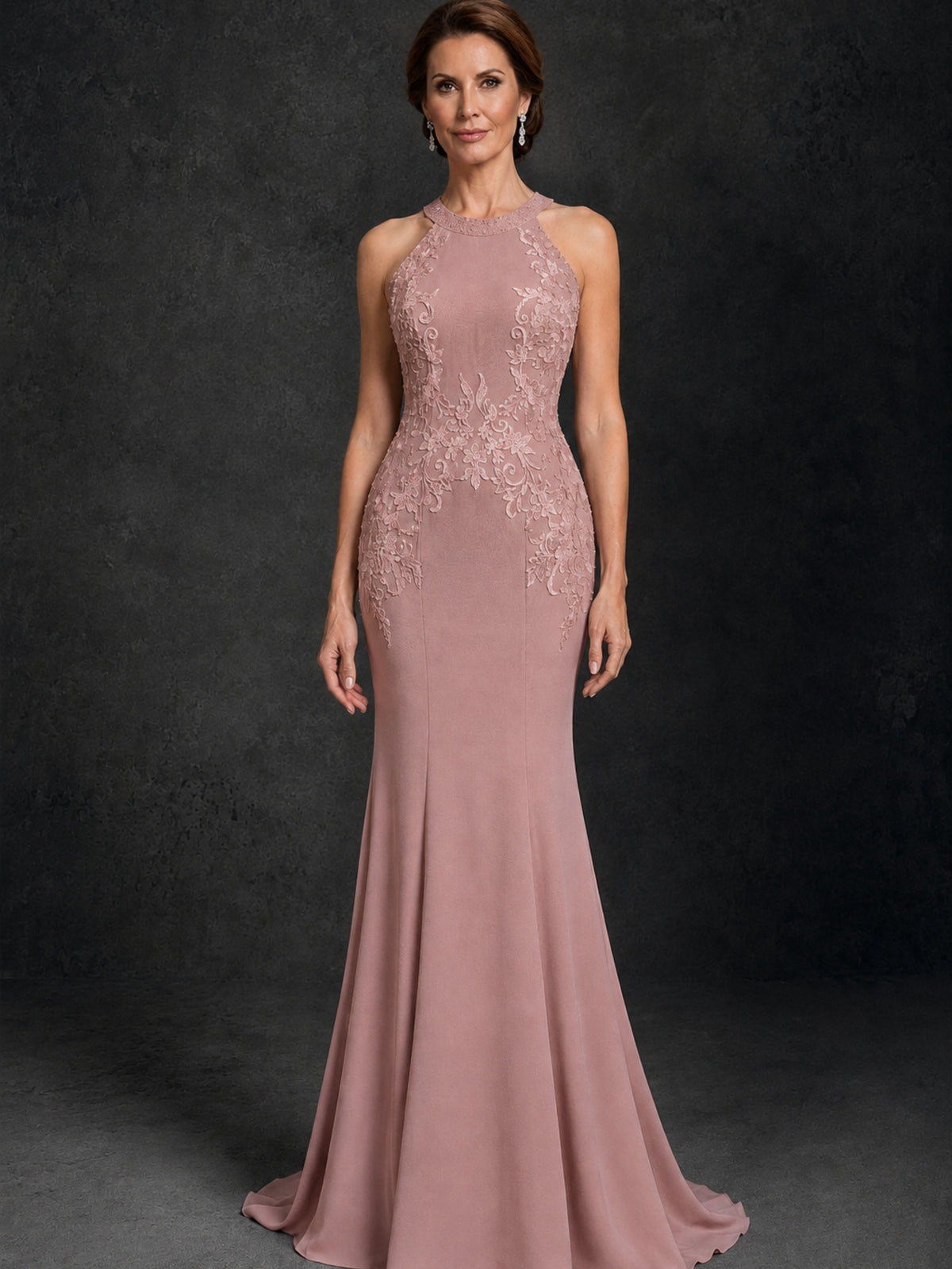 BOLODOO Dusty Rose Lace Applique Halter Neck Sheer Back Mermaid Maxi Dress with Sweep Train - Dusty Rose