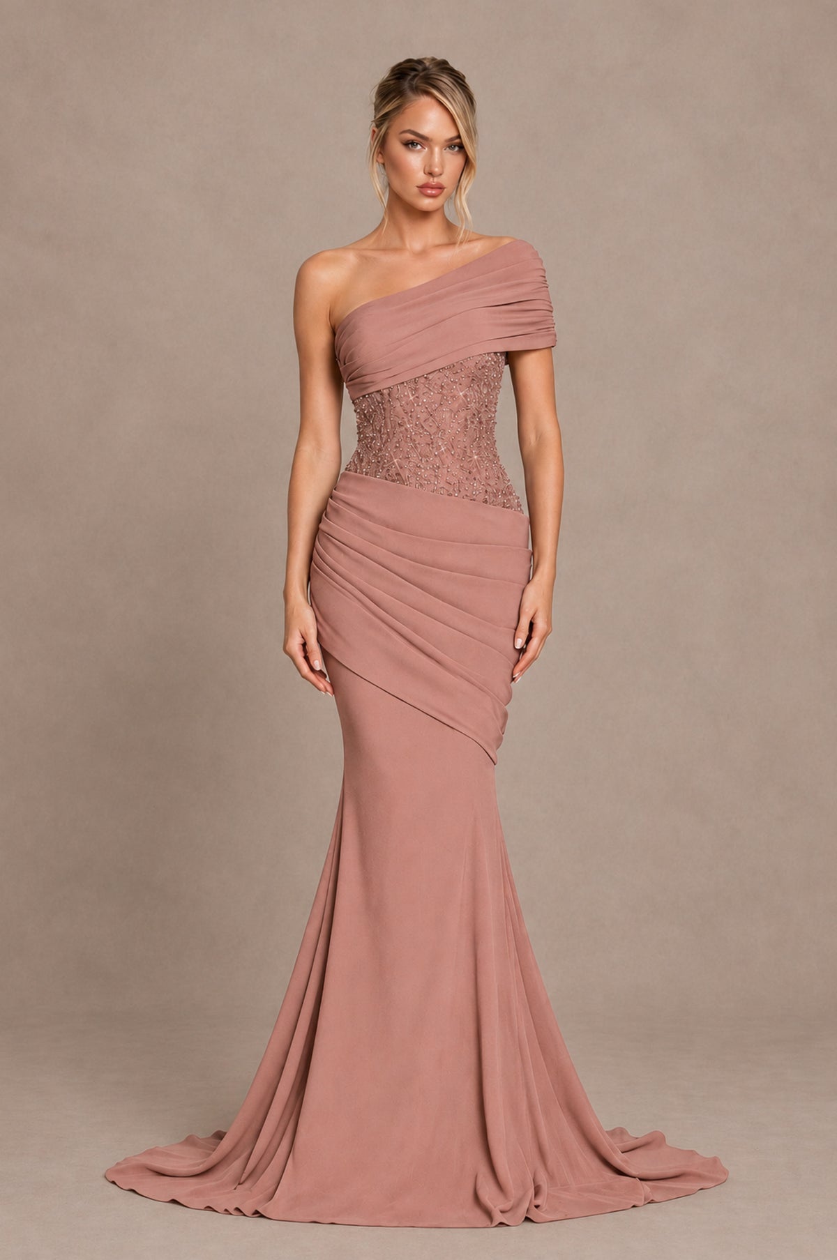 BOLODOO Dusty Rose One-Shoulder Sequin Embroidered Ruched Mermaid Gown with Train - Dusty Rose - Dusty Rose_1