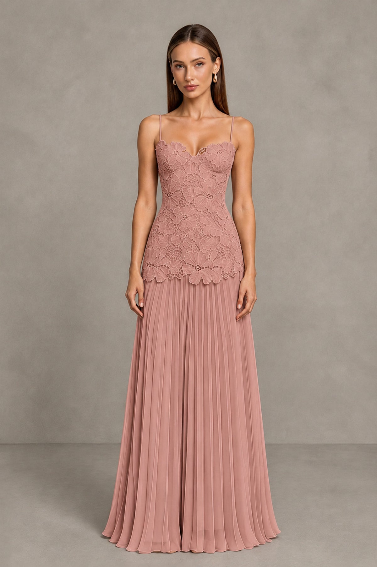 BOLODOO Dusty Rose Lace Bodice Pleated Wedding Guest Dress - Dusty Rose - Dusty Rose_1