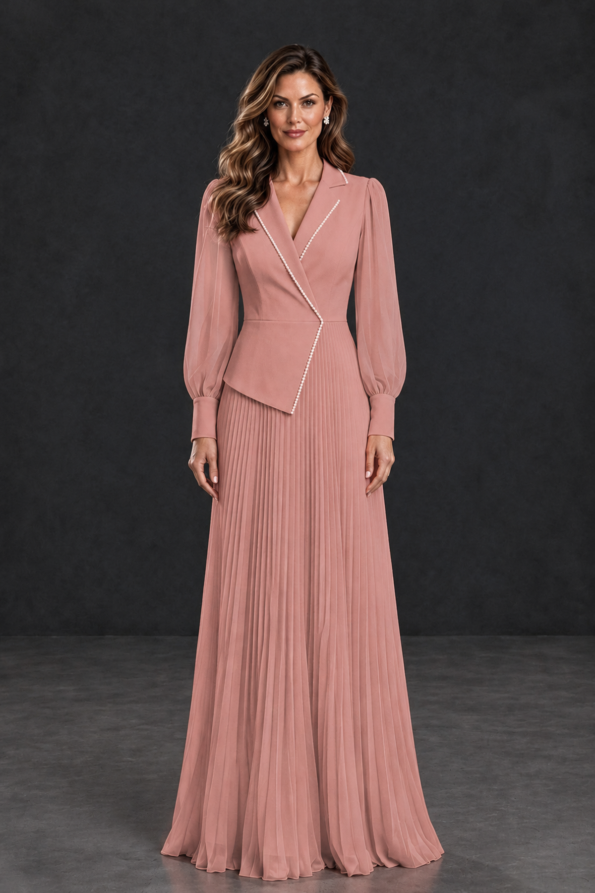BOLODOO Dusty Rose Long Sleeve Pleated Mother of the Bride Dress - Dusty Rose - Dusty Rose_1