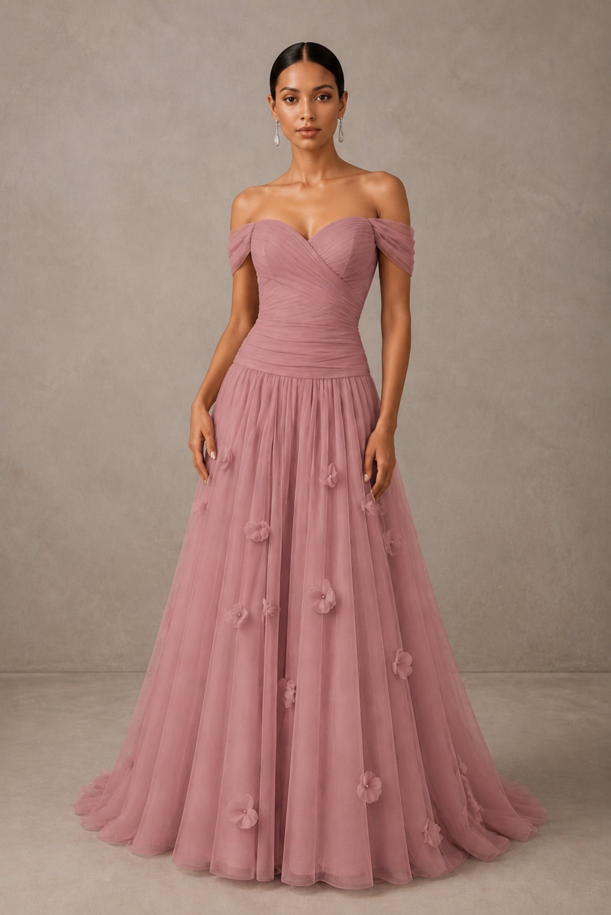 Dusty Rose Off-Shoulder Sweetheart A-Line Tulle Gown with 3D Floral Appliques | BOLODOO - Dusty Rose
