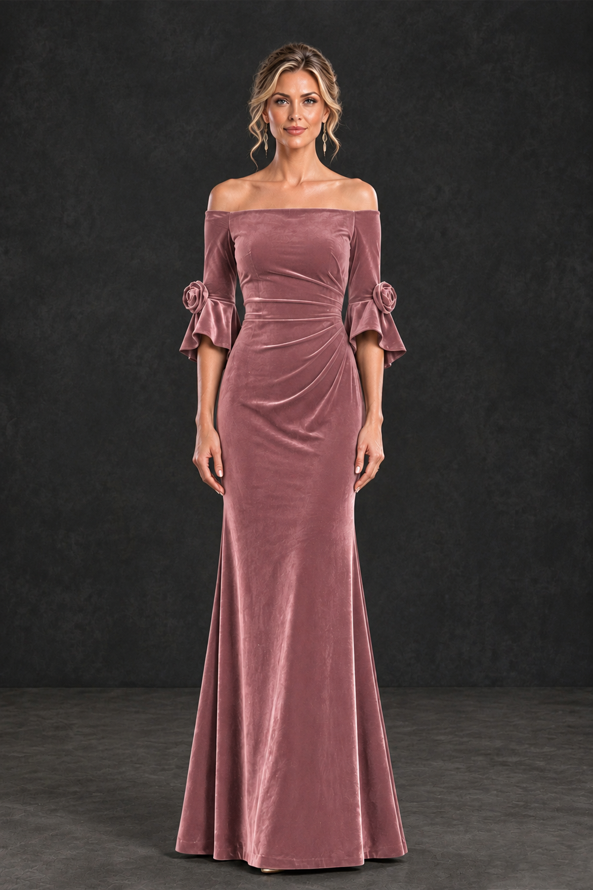 BOLODOO Dusty Rose Velvet Off-Shoulder Mother of the Bride Dress – 3/4 Floral Cuff Sleeve Mermaid Evening Gown - Dusty Rose - Dusty Rose_1