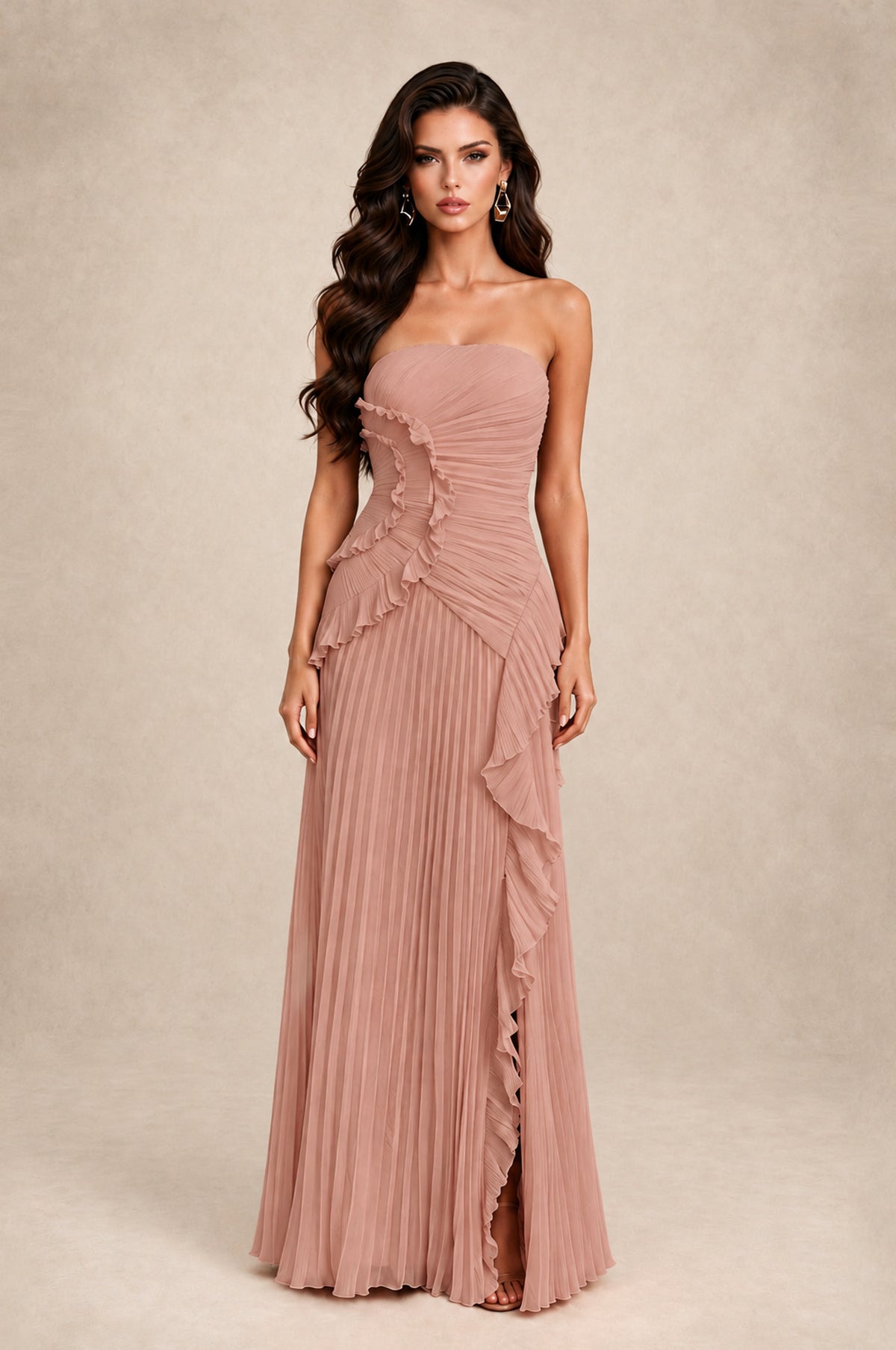 BOLODOO Dusty Rose Strapless Ruffle Pleated Slit Evening Gown - Dusty Rose - Dusty Rose_1