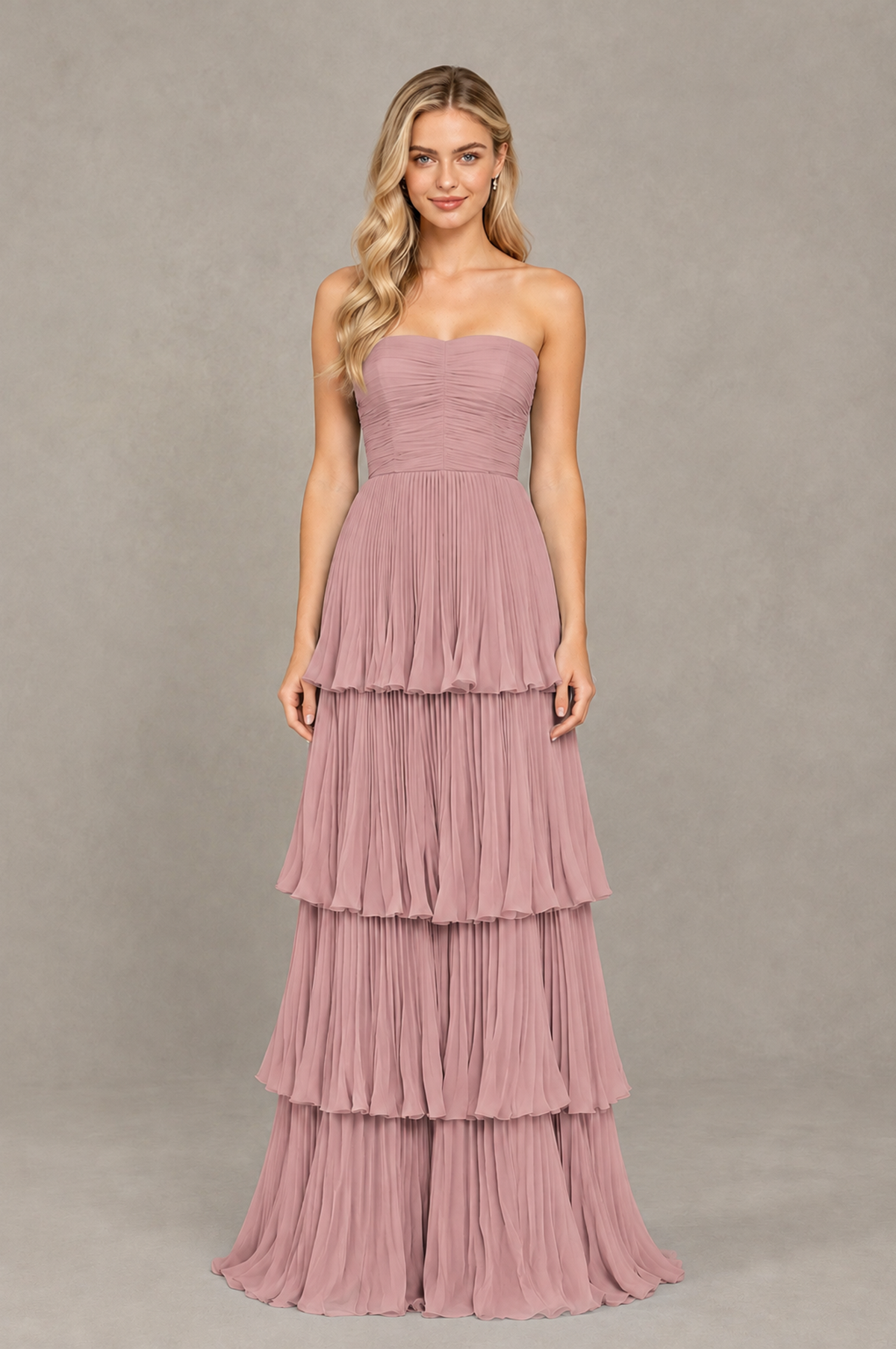 BOLODOO Dusty Rose Strapless Tiered Chiffon Maxi Dress - Dusty Rose