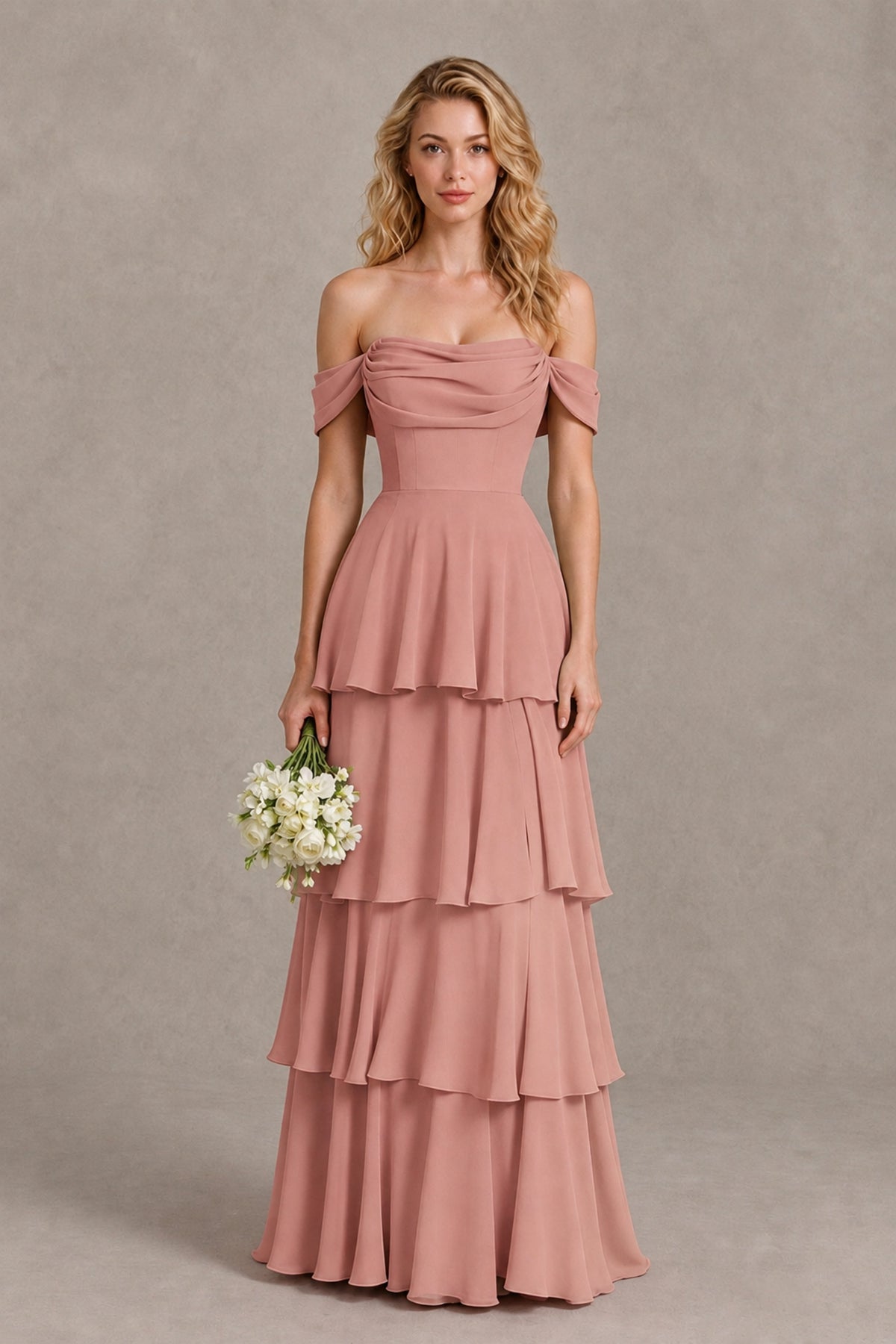 BOLODOO Dusty Rose Off-the-Shoulder Tiered A-Line Evening Bridesmaid Dress - Dusty Rose - Dusty Rose_1