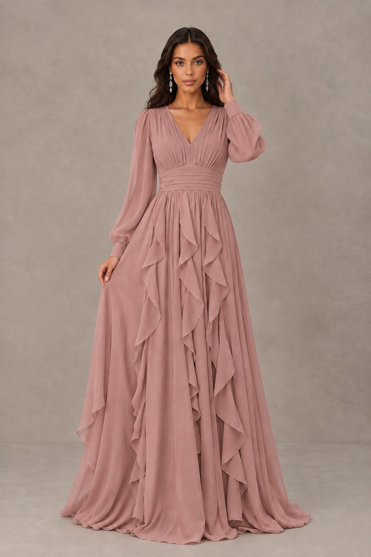 BOLODOO Dusty Rose Long Sleeve V-Neck Ruffle Maxi Dress - Dusty Rose