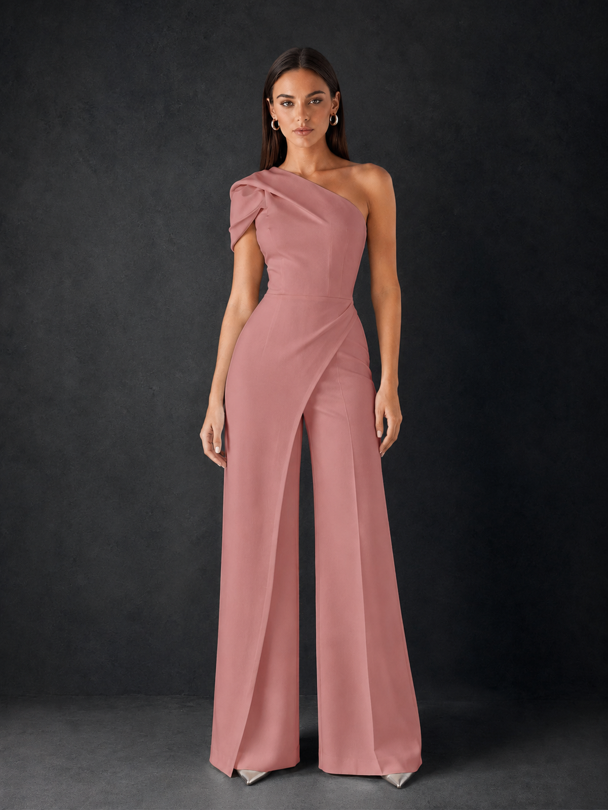 BOLODOO Dusty Rose One-Shoulder Puff Sleeve Wide-Leg Jumpsuit with Front Slit and Open Back - Dusty Rose
