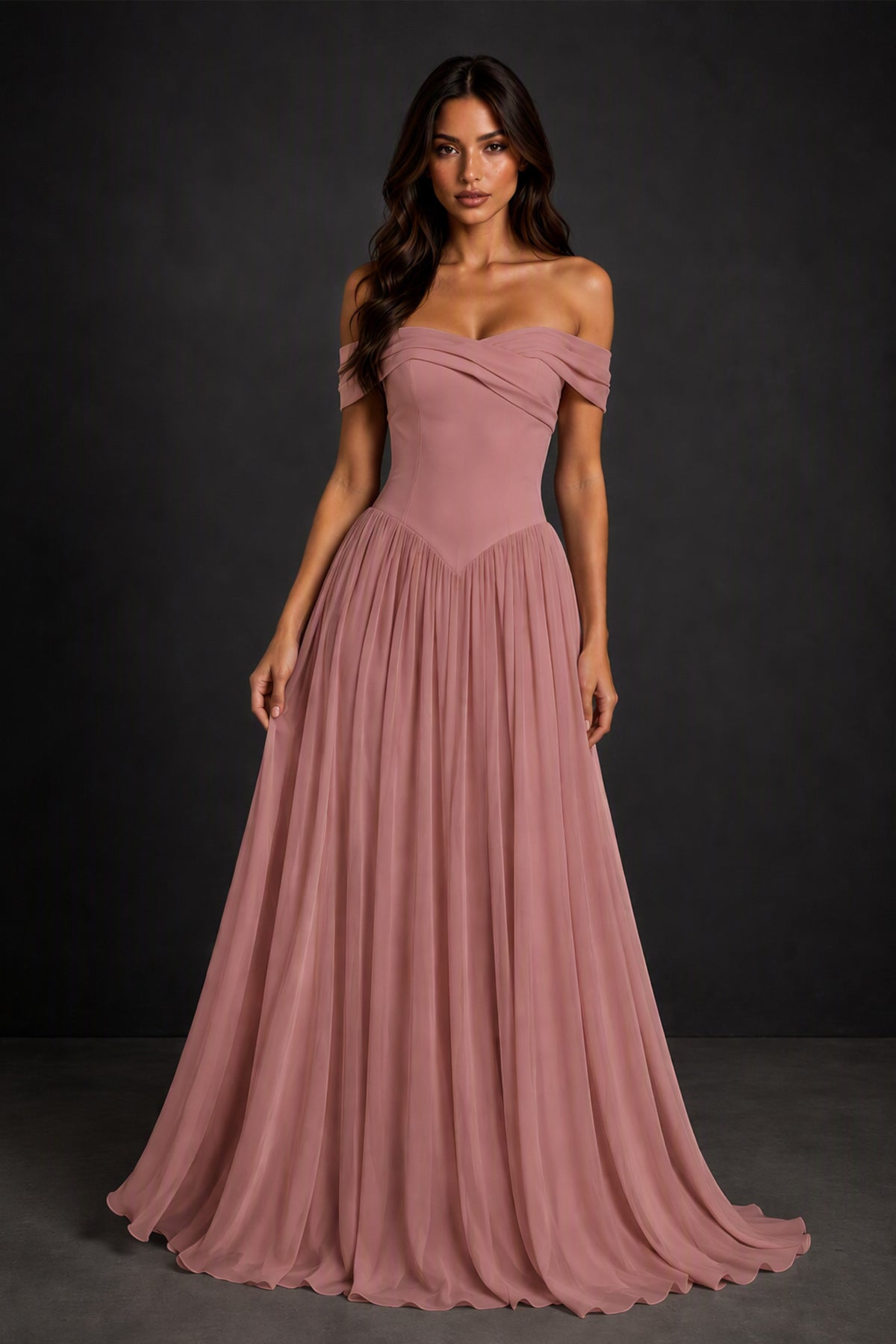 BOLODOO Dusty Rose Off-Shoulder Sweetheart Corset Pleated Chiffon Maxi Dress - Dusty Rose