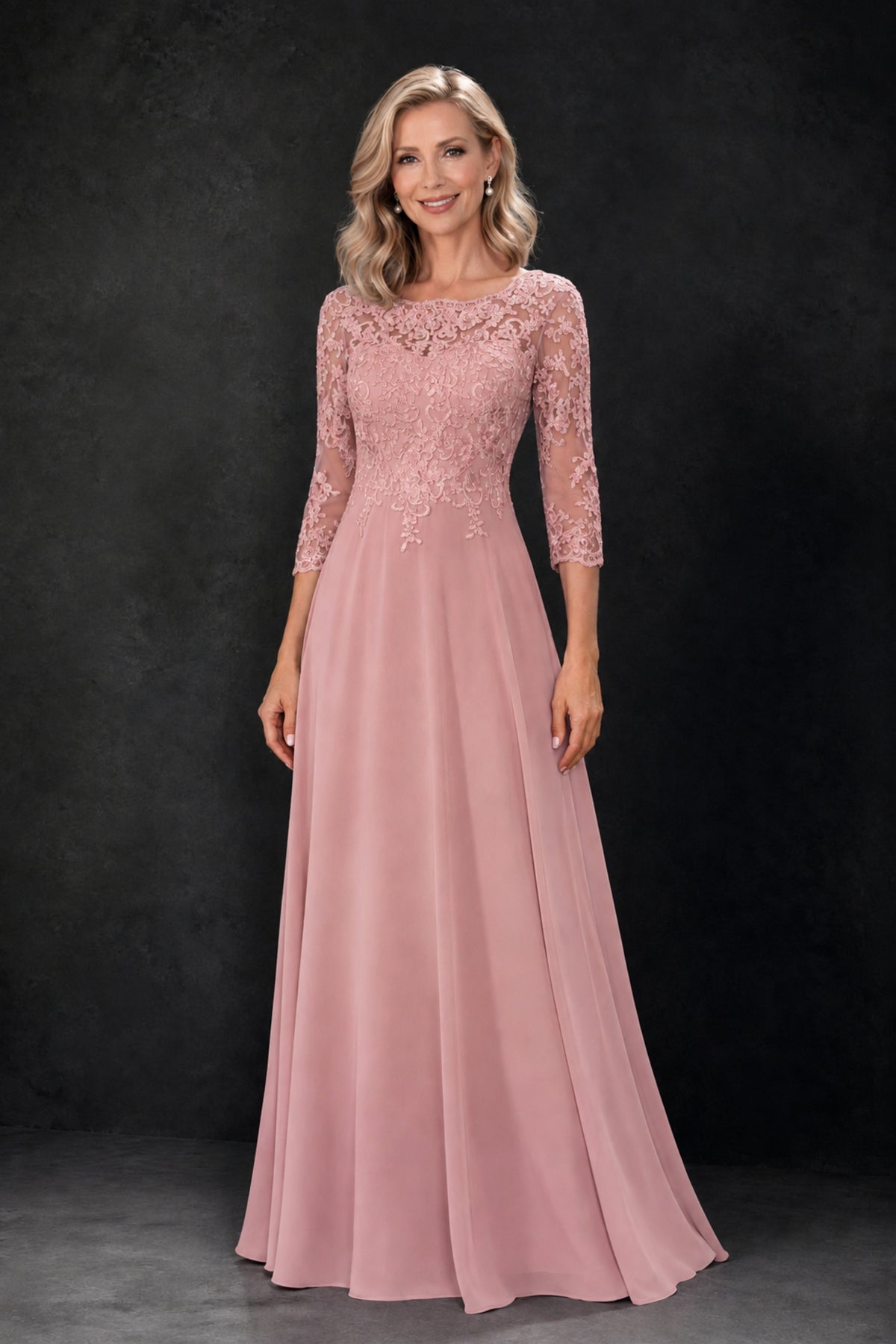 BOLODOO Dusty Rose Lace Embroidered Mother of the Bride Dress with 3/4 Sleeves - Dusty Rose