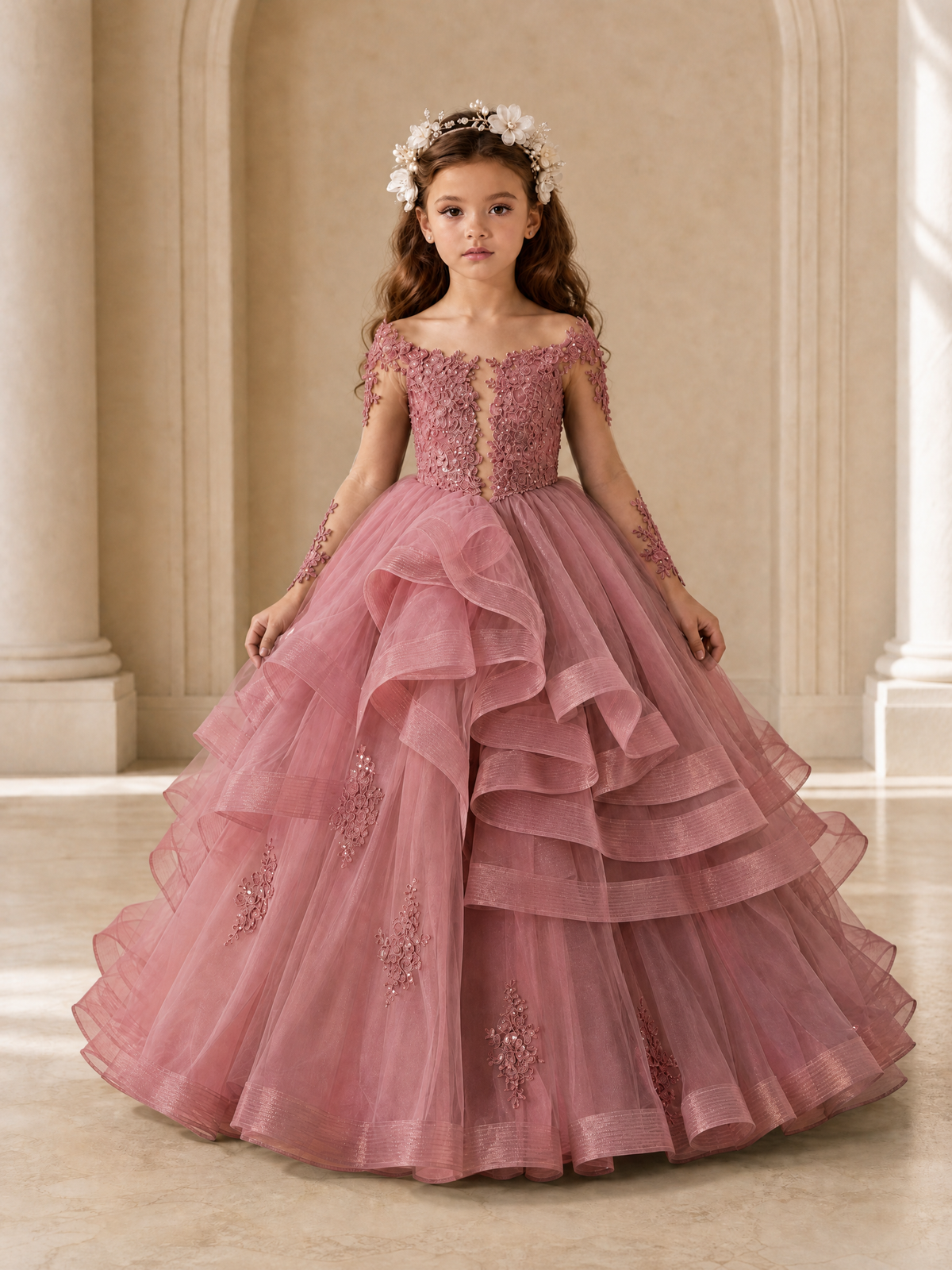 BOLODOO Dusty Rose Lace Long Sleeve Tiered Flower Girl Dress - Dusty Rose - Dusty_Rose_1