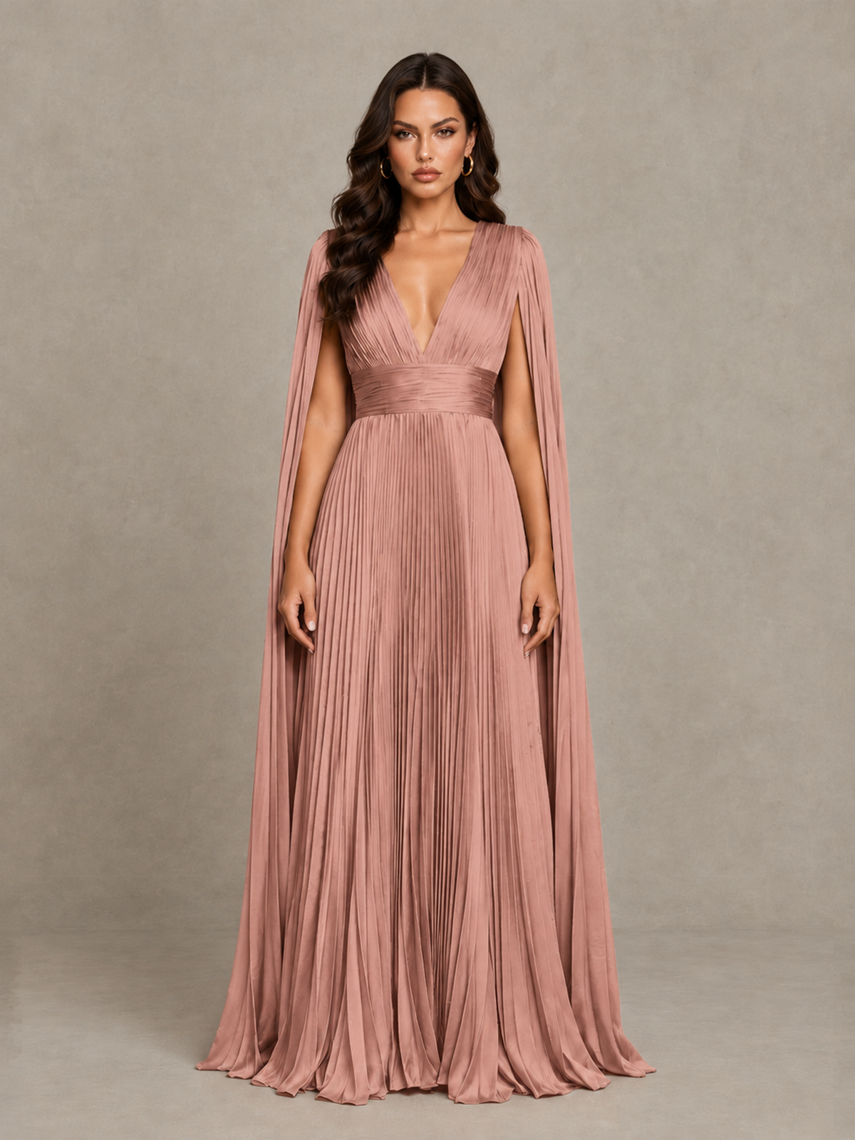 BOLODOO Dusty Rose Deep V-Neck Pleated Cape Sleeve Evening Gown - Dusty Rose - Dusty Rose_1