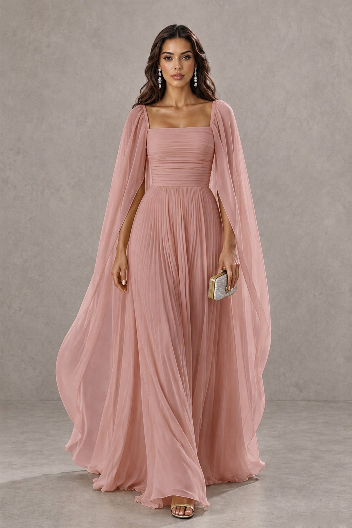BOLODOO Dusty Rose Square Neck Cape Sleeve A-Line Evening Dress - Dusty Rose - Dusty_Rose_1