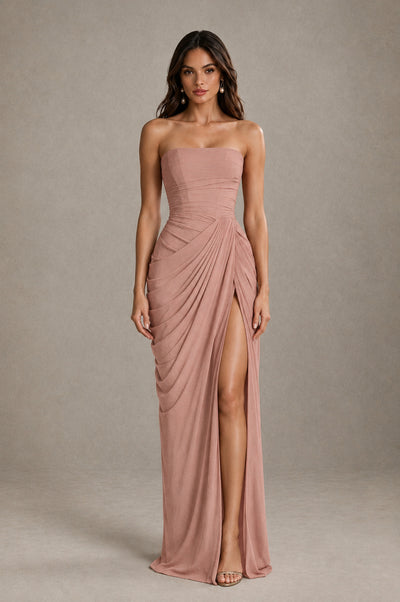 BOLODOO Strapless Draped Maxi Dress - Dusty Rose Backless Evening Gown with High Slit - Dusty Rose - Dusty Rose_1