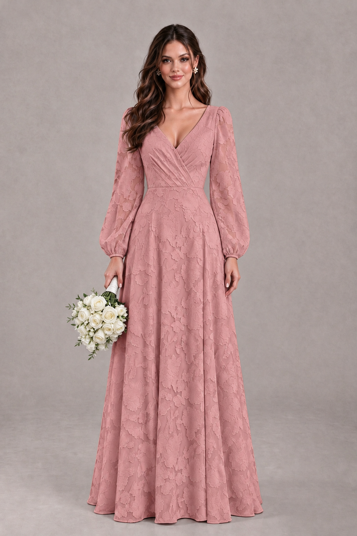 BOLODOO Dusty Rose Long Sleeve V-Neck A-Line Mother of the Bride Dress - Dusty Rose - Dusty Rose_1