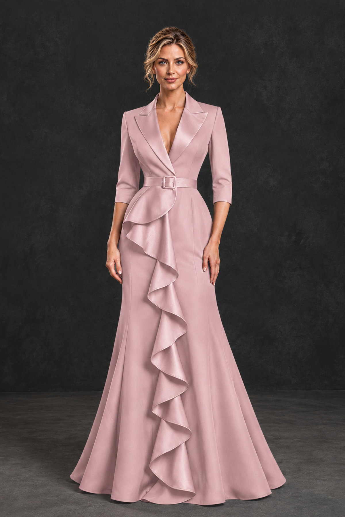 BOLODOO Dusty Rose Lapel Ruffle Mother of the Bride Dress with Belt - Dusty Rose - Dusty Rose_1