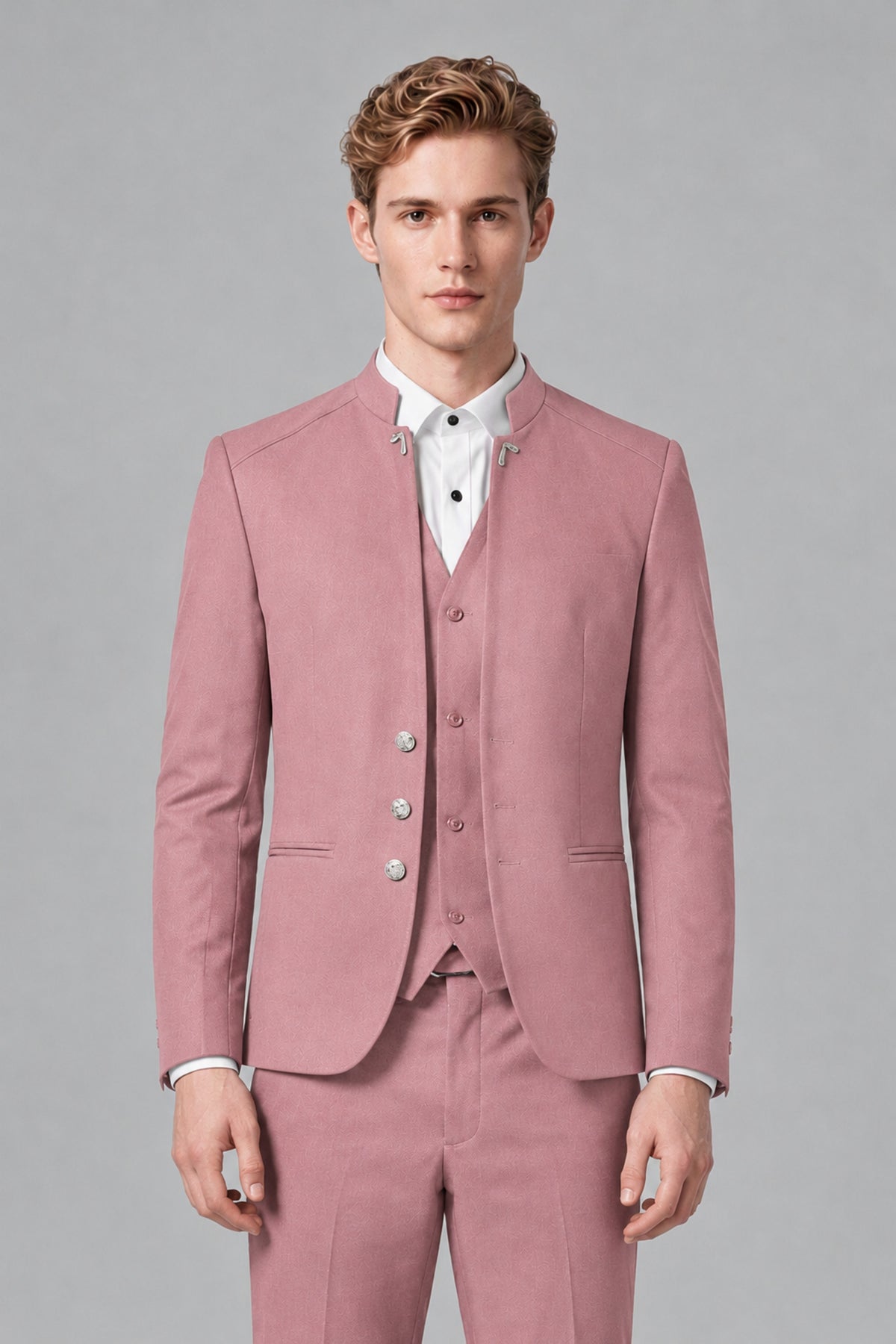 Bolodoo Men's Dusty Rose Mandarin Collar 3-Piece Suit – Jacket, Vest & Trousers - Dusty Rose - Dusty Rose_1