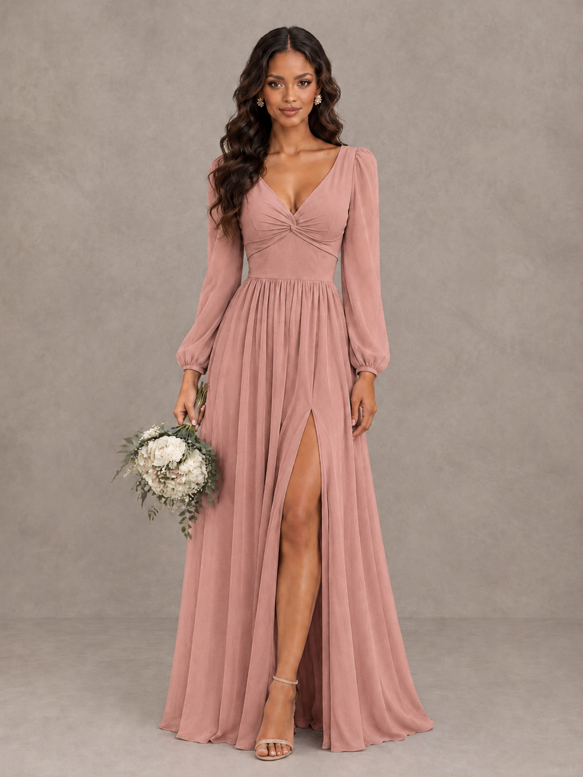 BOLODOO Dusty Rose V-Neck Long Sleeve Bridesmaid Dress with Tie Back and Slit - Dusty Rose - Dusty Rose_1
