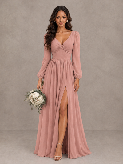 BOLODOO Dusty Rose V-Neck Long Sleeve Bridesmaid Dress with Tie Back and Slit - Dusty Rose - Dusty Rose_1