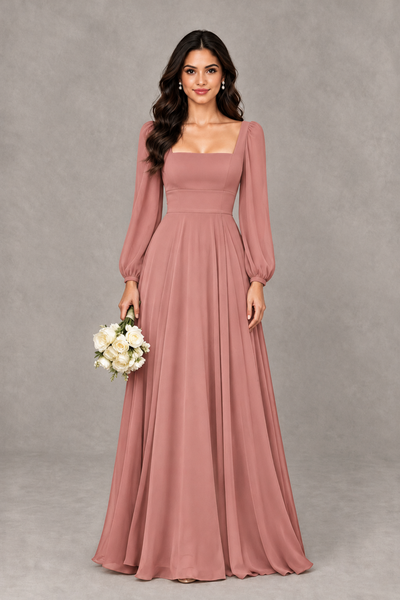BOLODOO Dusty Rose Square Neck Long Sleeve A-Line Bridesmaid Dress - Dusty Rose - Dusty Rose_1