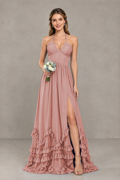 BOLODOO Dusty Rose Halter Ruffle Hem A-Line Bridesmaid Dress with High Slit - Dusty Rose - Dusty Rose(1)