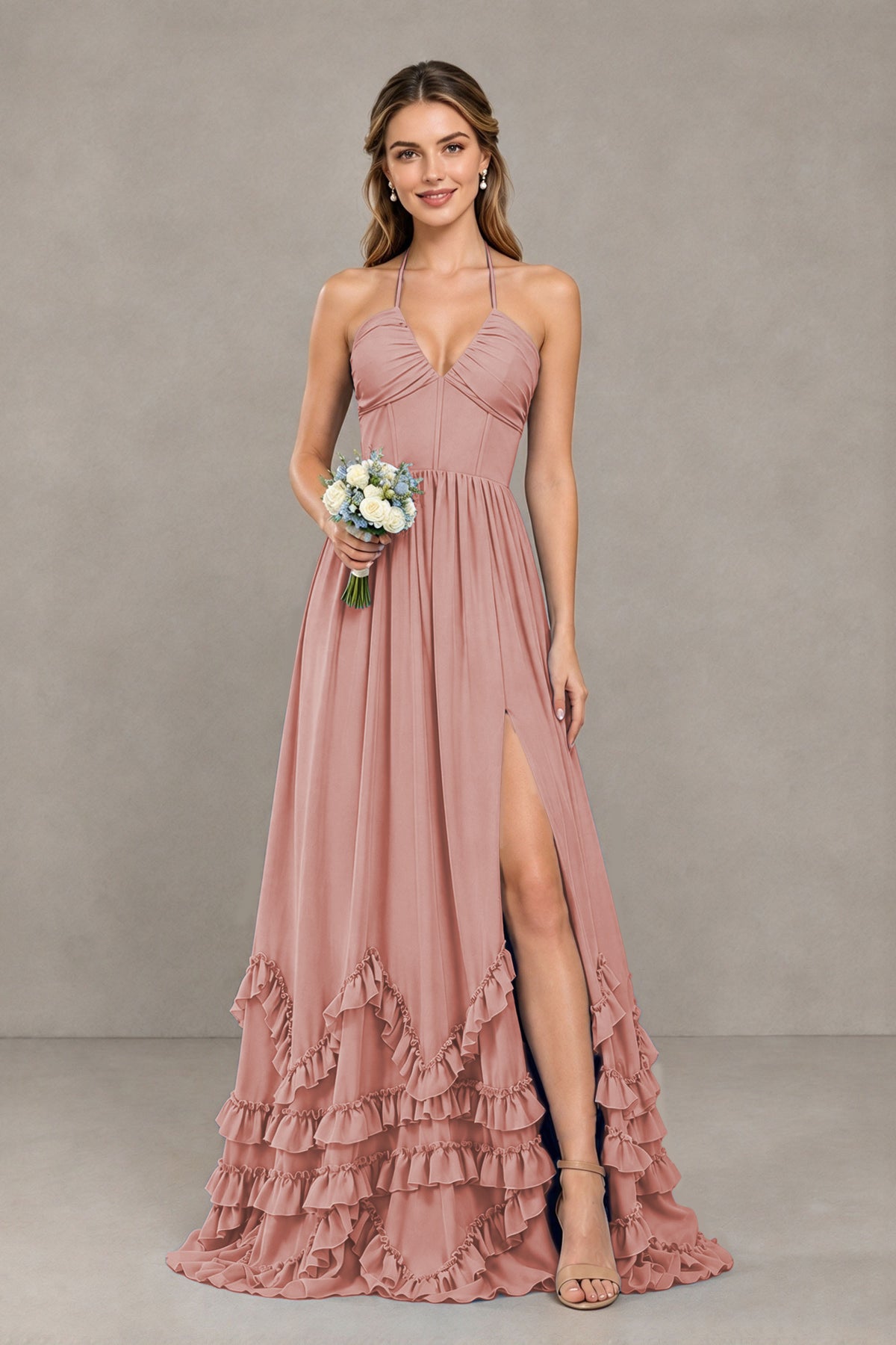 BOLODOO Dusty Rose Halter Ruffle Hem A-Line Bridesmaid Dress with High Slit - Dusty Rose - Dusty Rose(1)