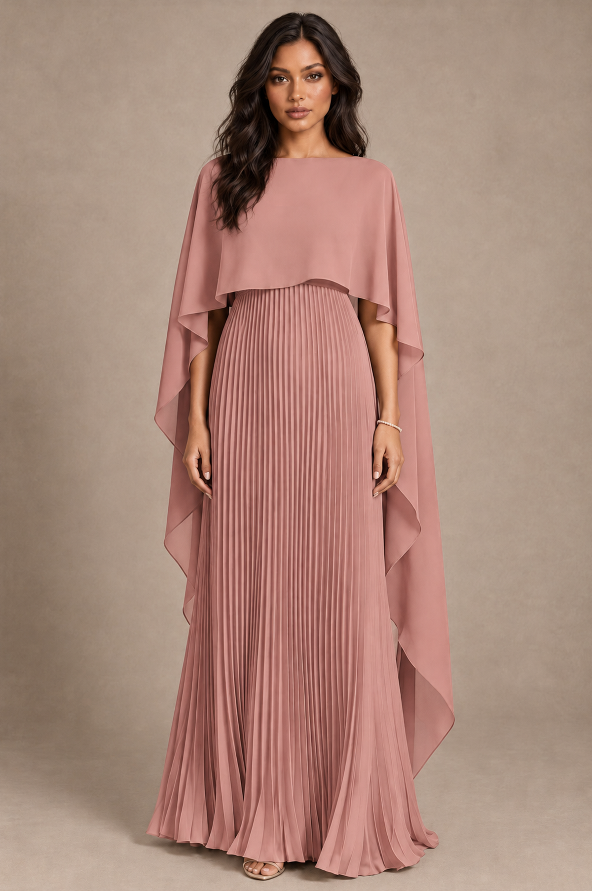 BOLODOO Dusty Rose Pleated Cape A-Line Evening Dress - Dusty Rose - Dusty_Rose_1