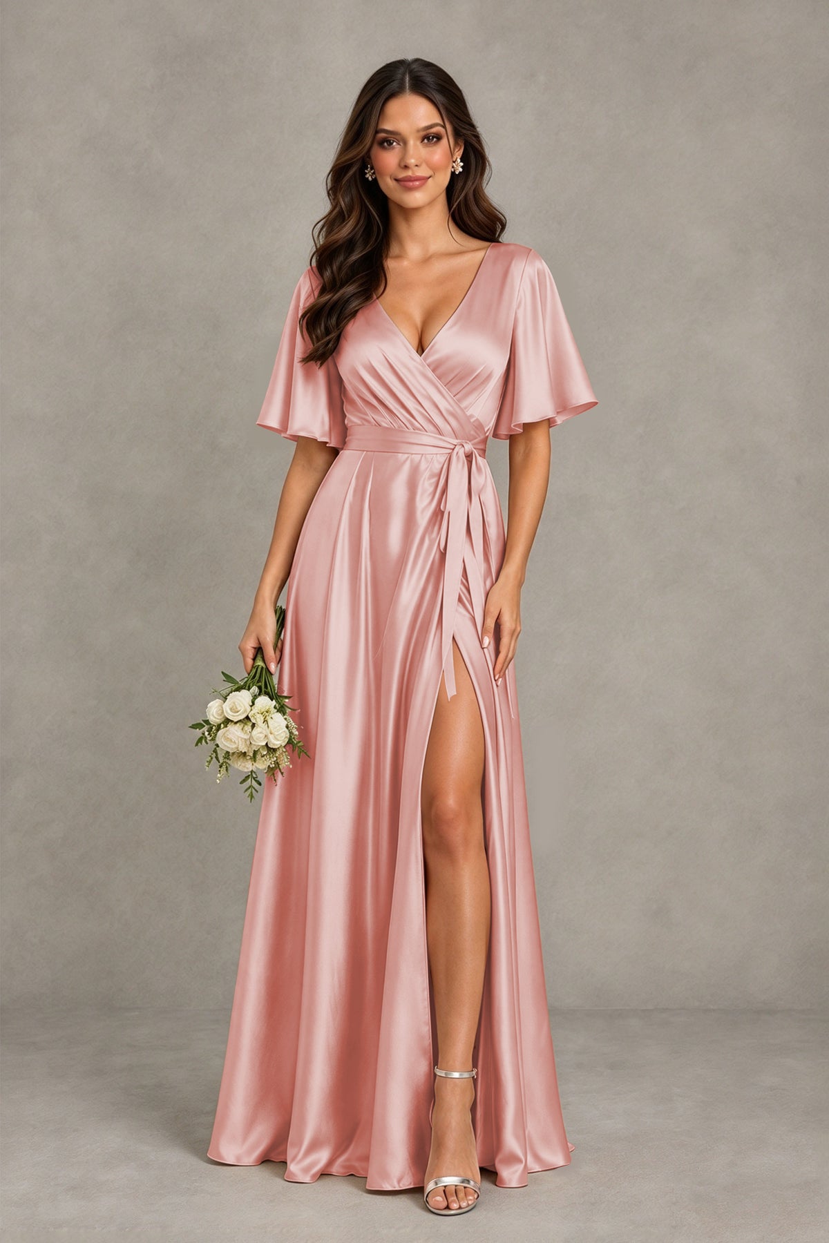 BOLODOO Dusty Rose Satin V-Neck Flutter Sleeve Bridesmaid Dress with Slit - Dusty Rose - Dusty Rose(1)