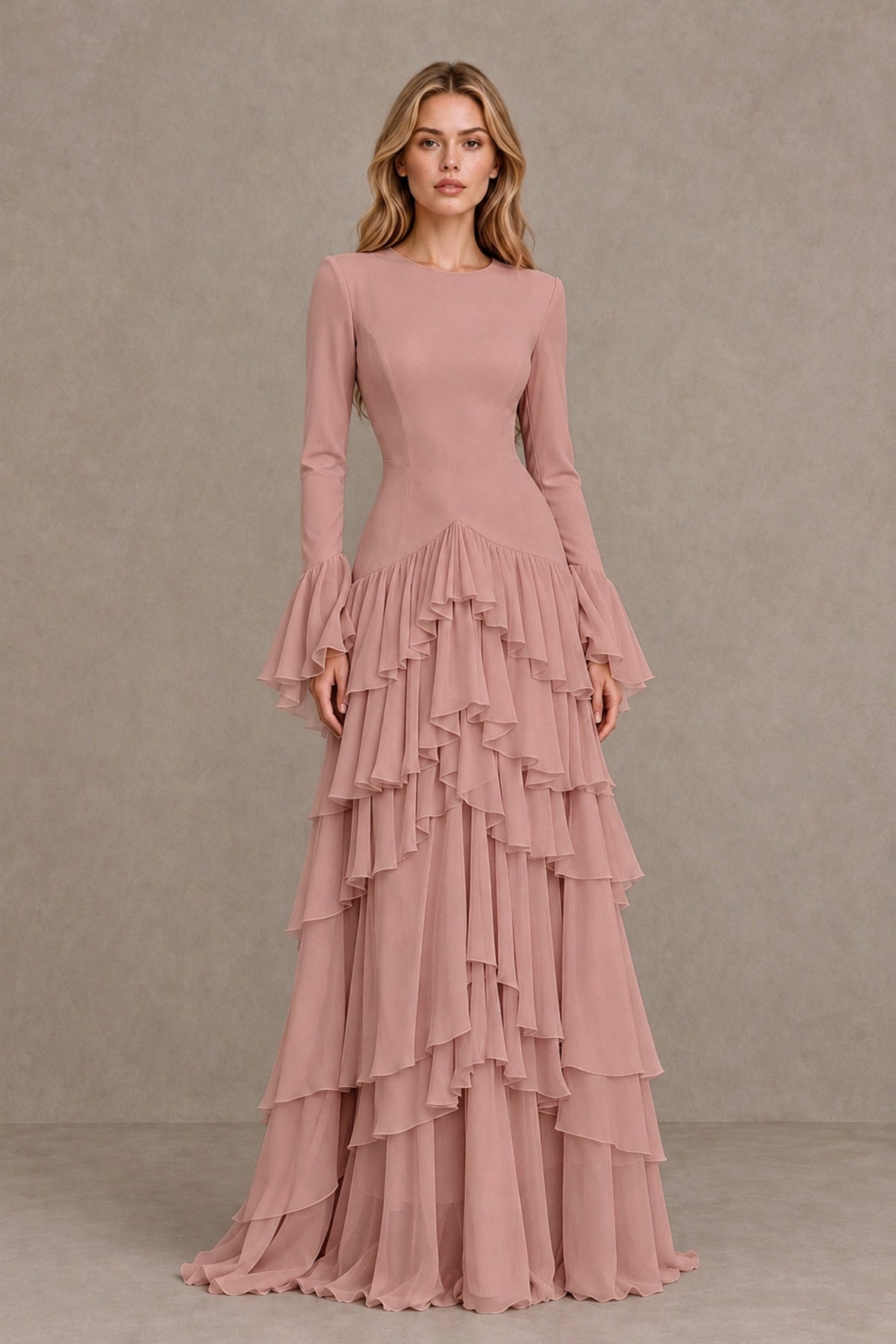 Dusty Rose Long Sleeve Tiered Ruffle Evening Gown - Dusty Rose - Dusty Rose_1