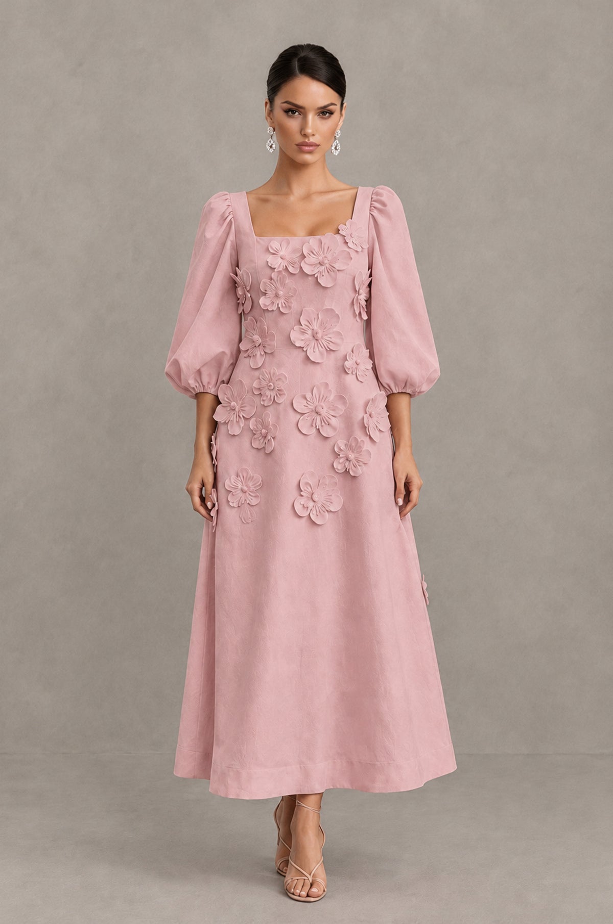 BOLODOO Dusty Rose 3D Floral Puff Sleeve Midi Cocktail Dress - Dusty Rose - Dusty Rose_1