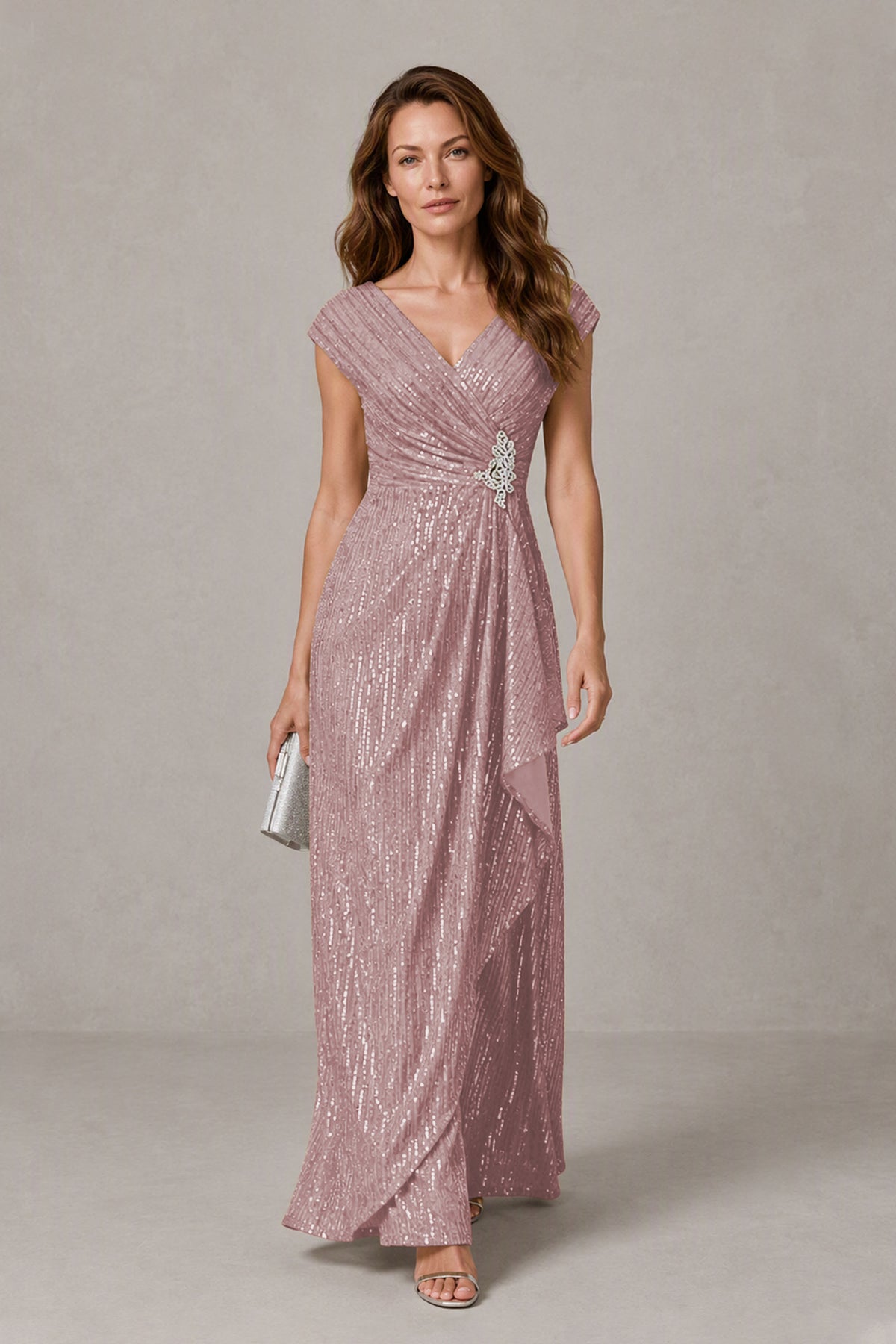 BOLODOO Dusty Rose Sequin V-Neck Cap Sleeve Maxi Dress - Dusty Rose