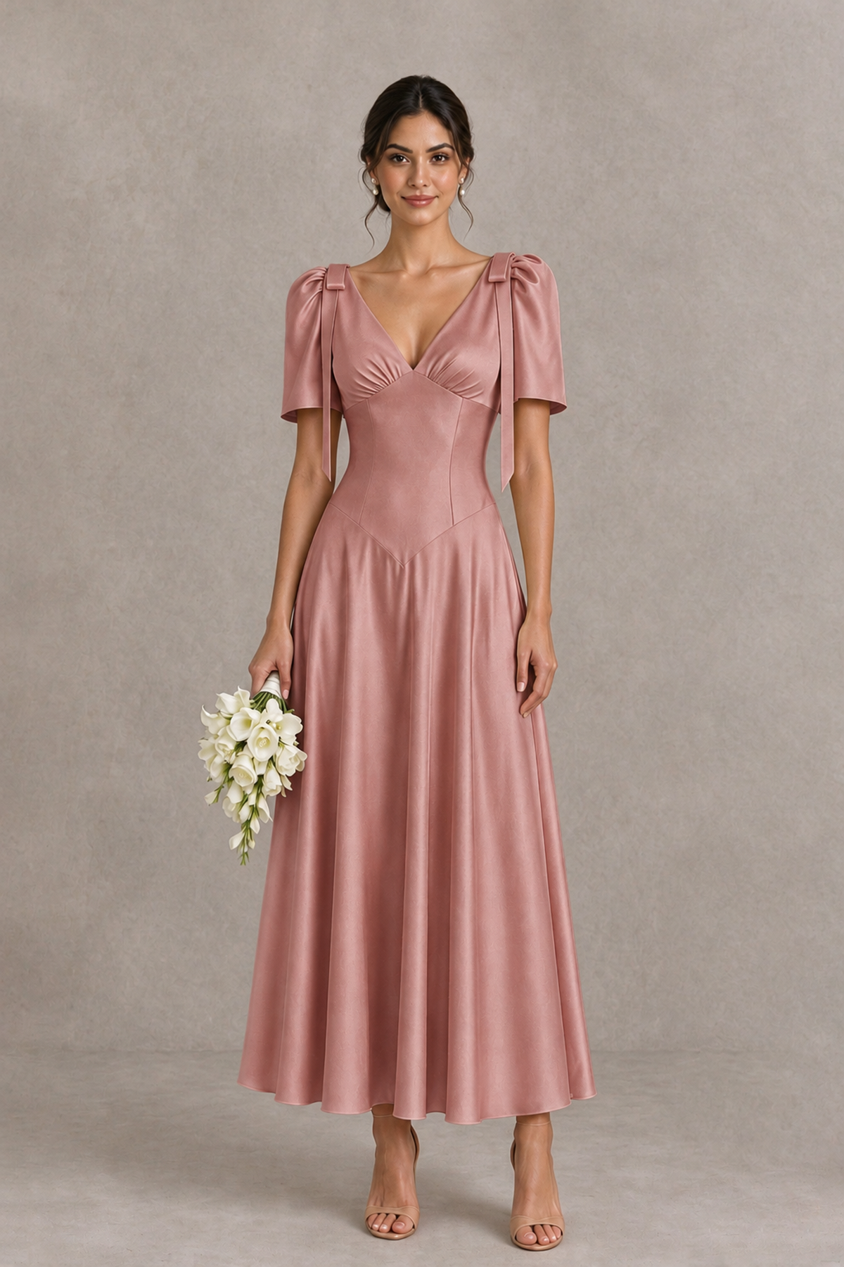 BOLODOO Dusty Rose V-Neck Short Sleeve Satin-Look Bridesmaid Dress with Shoulder Bows - Dusty Rose - Dusty Rose_1