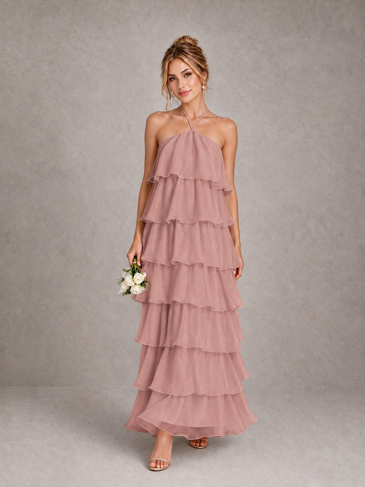 BOLODOO Dusty Rose Halter Tiered Ruffle Maxi Bridesmaid Dress - Dusty Rose - Dusty Rose_1