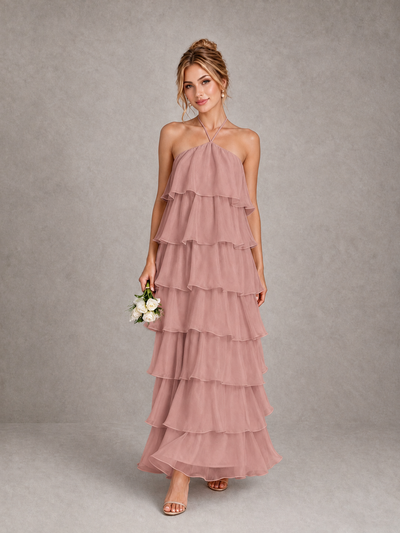 BOLODOO Dusty Rose Halter Tiered Ruffle Maxi Bridesmaid Dress - Dusty Rose - Dusty Rose_1