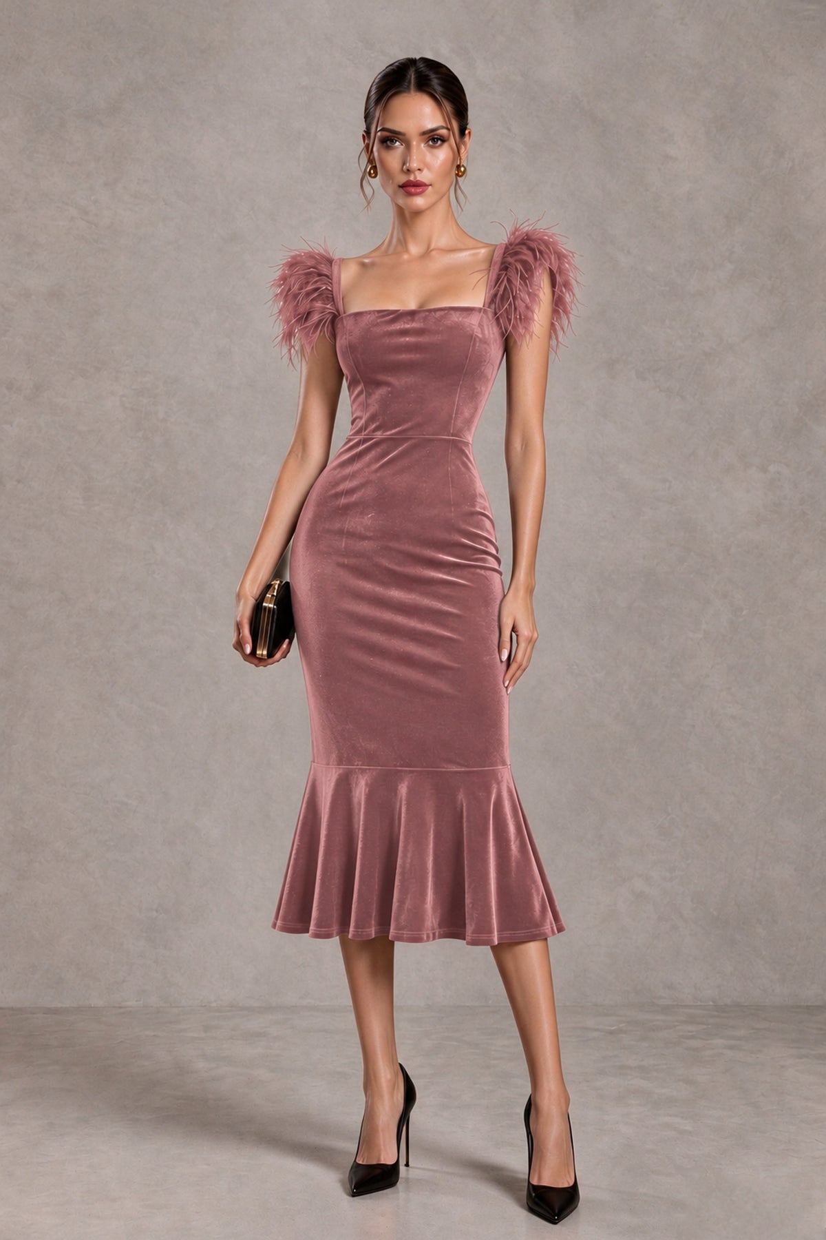BOLODOO Dusty Rose Feather-Trim Velvet-Look Mermaid Midi Dress - Dusty Rose - Dusty Rose_1