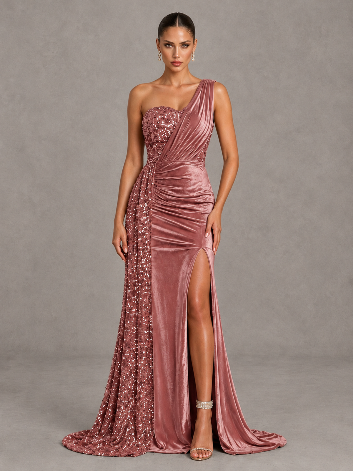 BOLODOO Dusty Rose One-Shoulder Satin Sequin Gown with High Slit - Dusty Rose - Dusty Rose_1