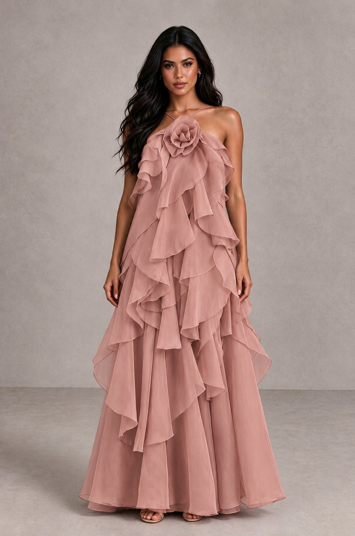BOLODOO Dusty Rose Cascading Ruffle Rosette Open-Back Maxi Dress - Dusty Rose - Dusty Rose_1