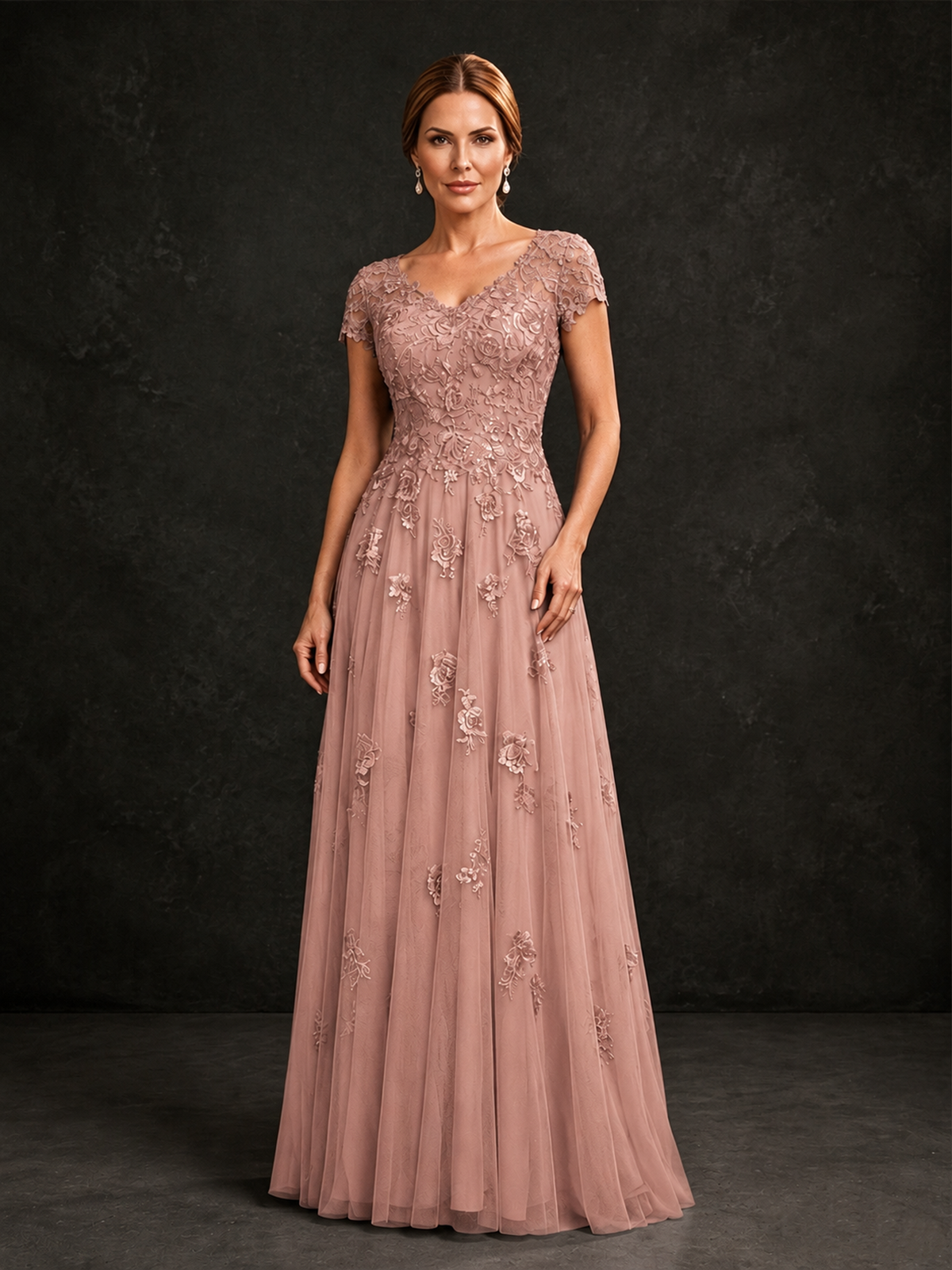 BOLODOO Dusty Rose Cap Sleeve Lace Appliqué A-Line Formal Gown | Mother of the Bride Dress - Dusty Rose - Dusty Rose_1