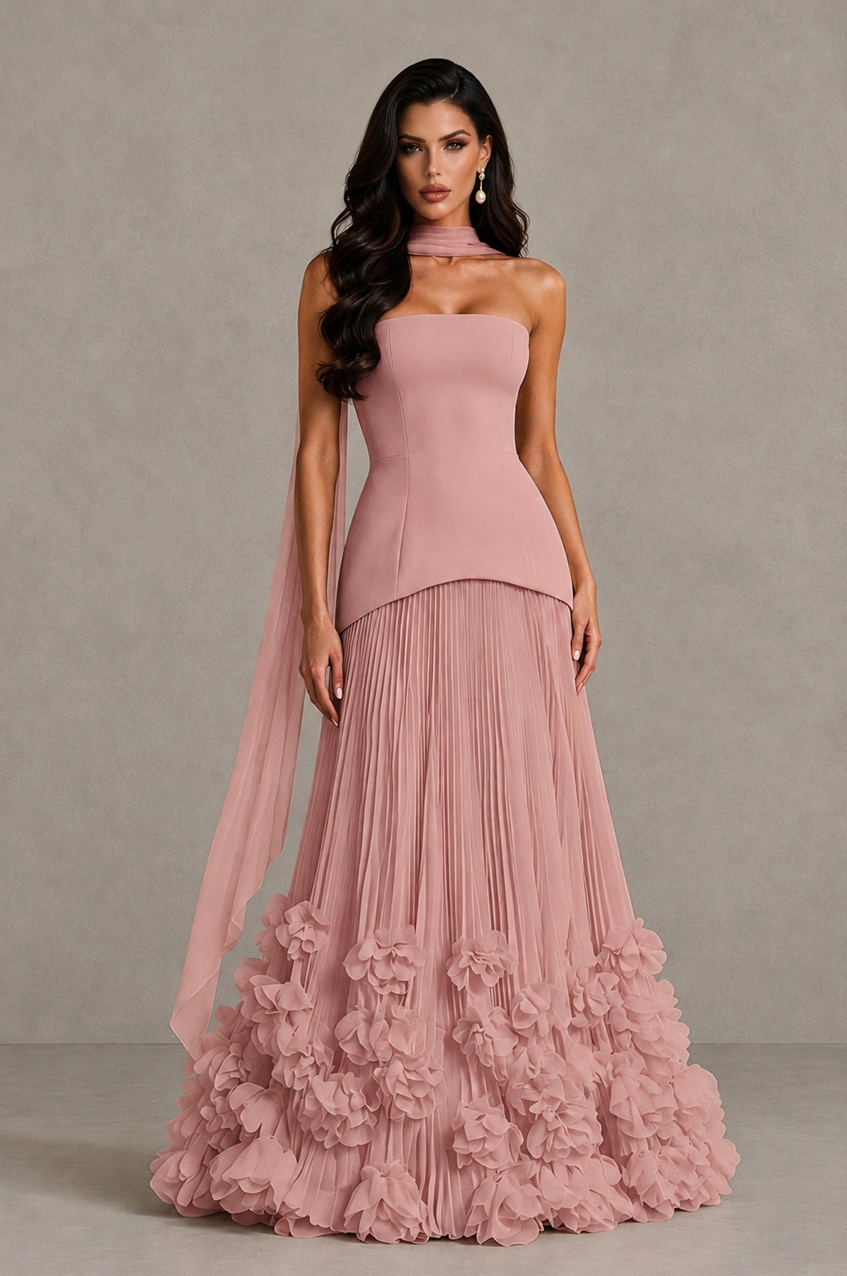 BOLODOO Dusty Rose Strapless Pleated Floral Hem Evening Gown - Dusty Rose - Dusty Rose_1