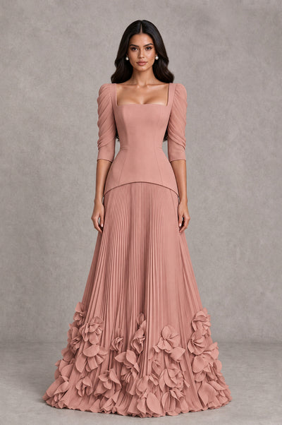 BOLODOO Dusty Rose Square Neck Pleated Floral Applique Evening Dress - Dusty Rose - Dusty Rose_1