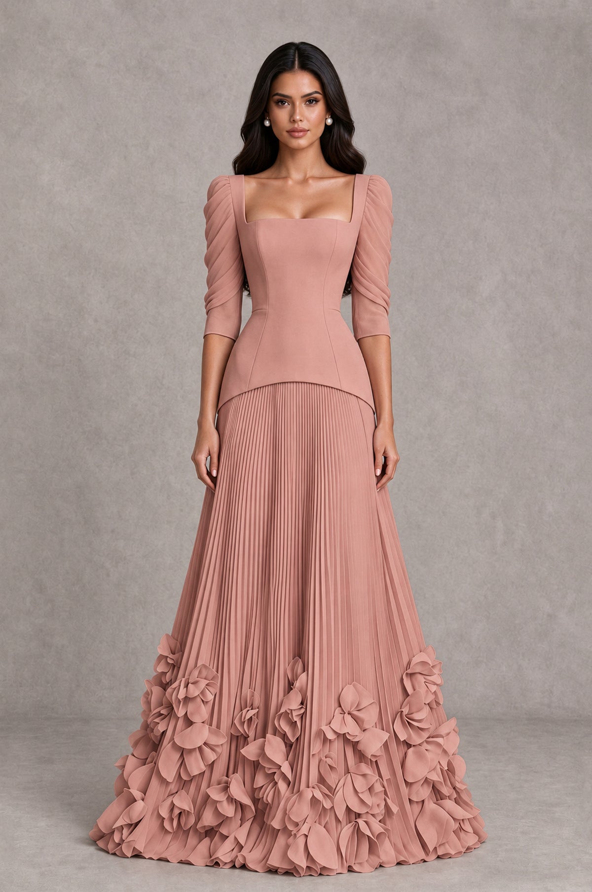 BOLODOO Dusty Rose Square Neck Pleated Floral Applique Evening Dress - Dusty Rose - Dusty Rose_1