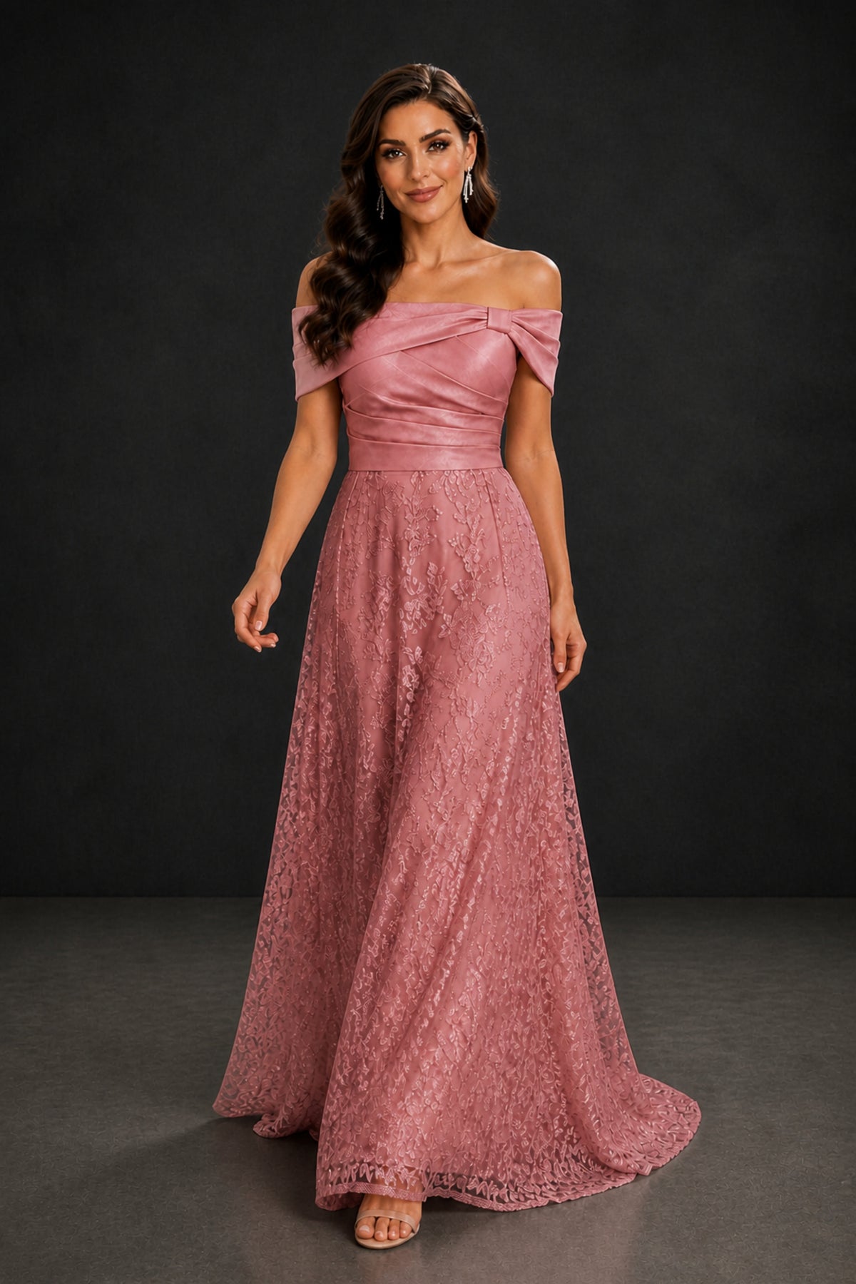 BOLODOO Dusty Rose Lace Glitter Off Shoulder Cap Sleeve A-Line Ball Gown with Train – Formal Evening Dress - Dusty Rose