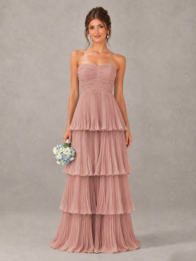 BOLODOO Dusty Rose Strapless Tiered Pleated Bridesmaid Dress - Dusty Rose - Dusty Rose_1