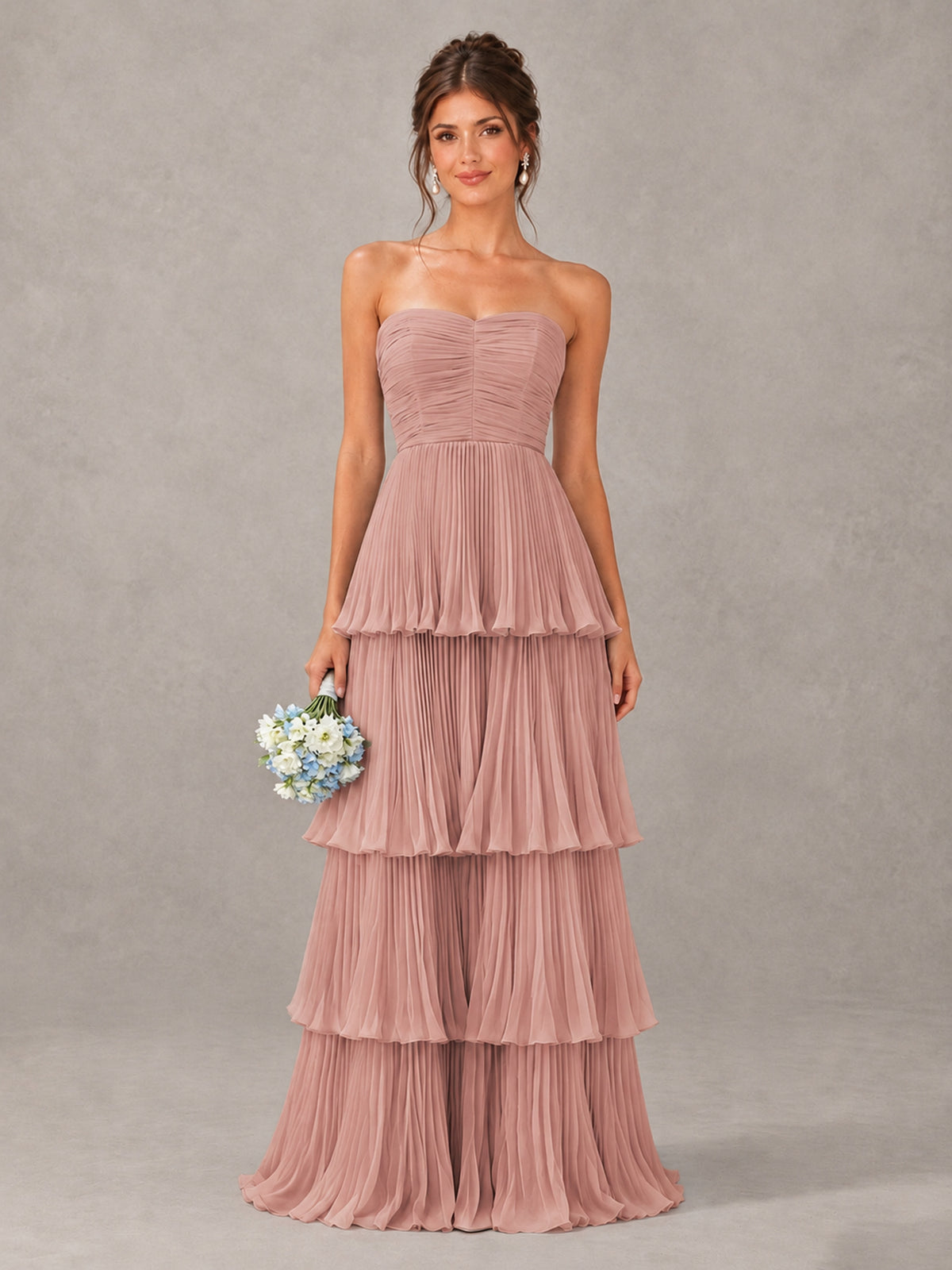 BOLODOO Dusty Rose Strapless Tiered Pleated Bridesmaid Dress - Dusty Rose - Dusty Rose_1