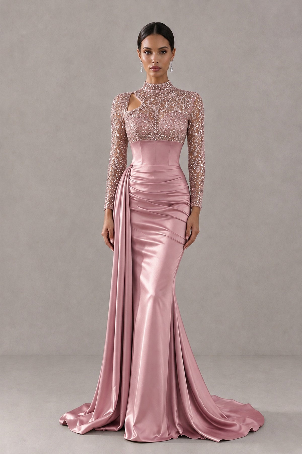 BOLODOO Dusty Rose Long Sleeve Embellished Satin Mermaid Evening Gown - Dusty Rose - Dusty Rose_1