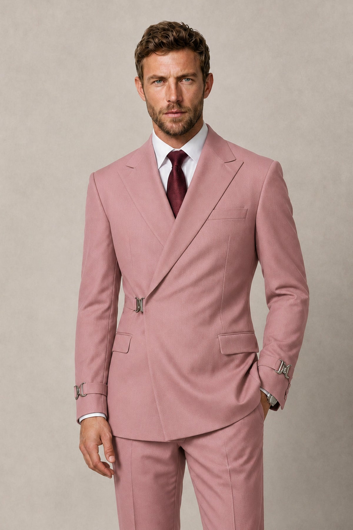 BOLODOO Men's Dusty Rose Double-Breasted 2-Piece Suit Set – Blazer & Tailored Trousers - Dusty Rose