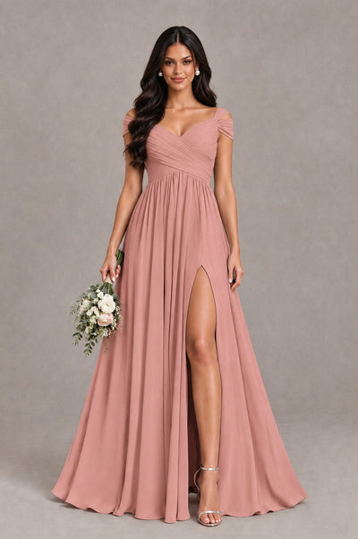 BOLODOO Dusty Rose Cold Shoulder Chiffon Evening Dress with V Neck and High Slit - Dusty Rose - Dusty Rose_1